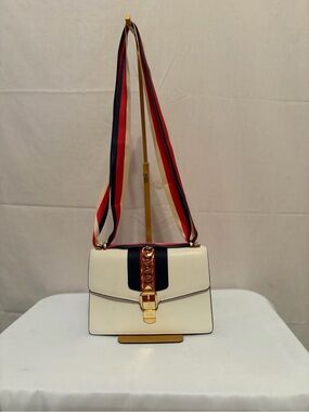 Cream Crossbody Bag with Red & Navy Stripe Detail